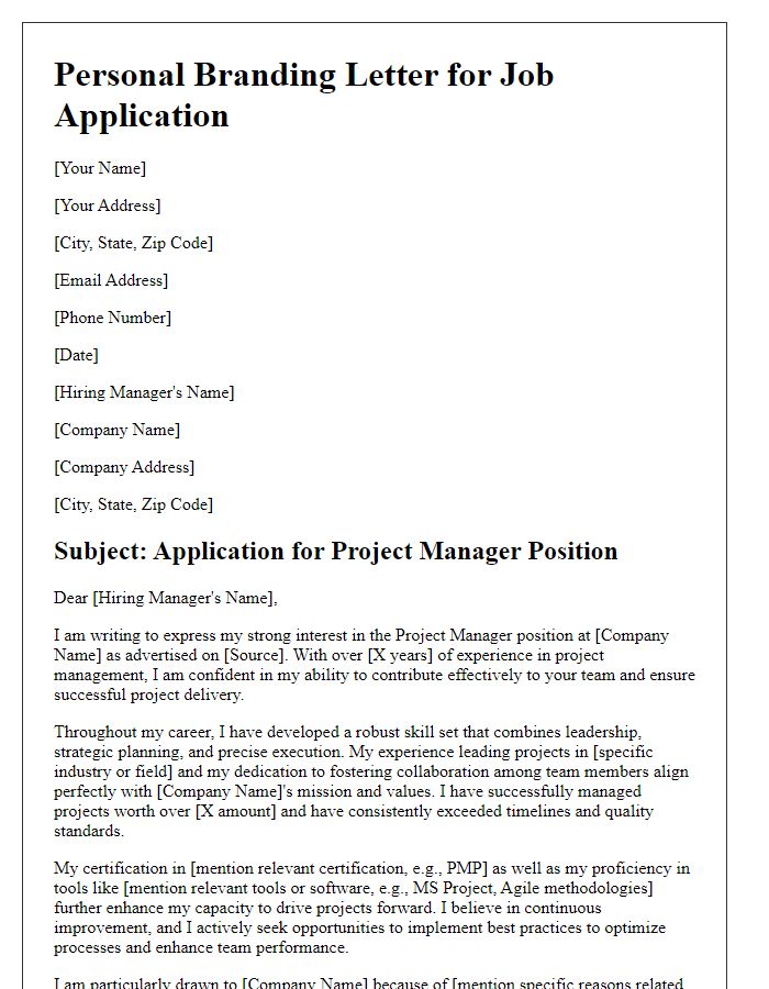 Letter template of personal branding for job application in project management.