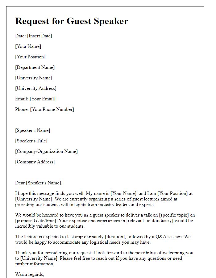 Letter template of request for guest speaker to deliver a talk at university