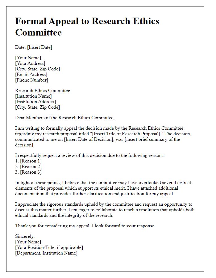 Letter template of formal appeal to research ethics committee decision