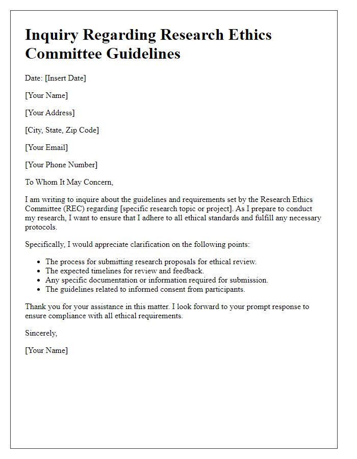 Letter template of inquiry regarding research ethics committee guidelines