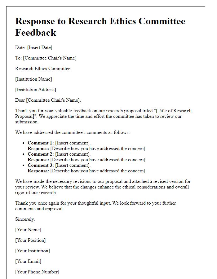 Letter template of response to research ethics committee feedback