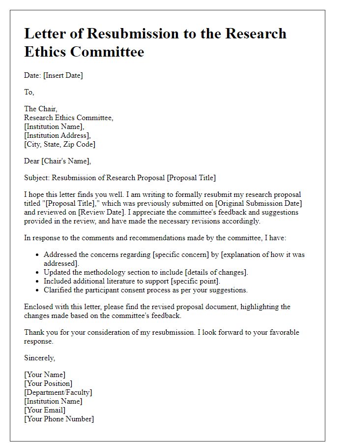 Letter template of resubmission to research ethics committee