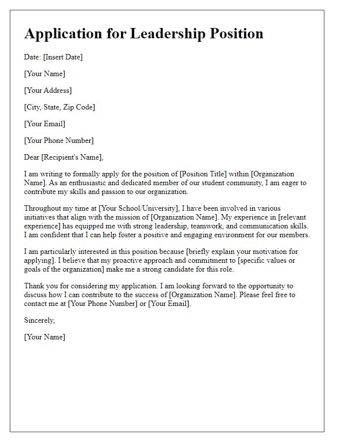 Letter template of application for student organization leadership position