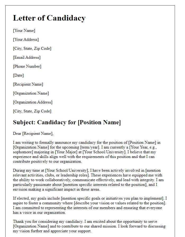 Letter template of candidacy for student leadership position in organization