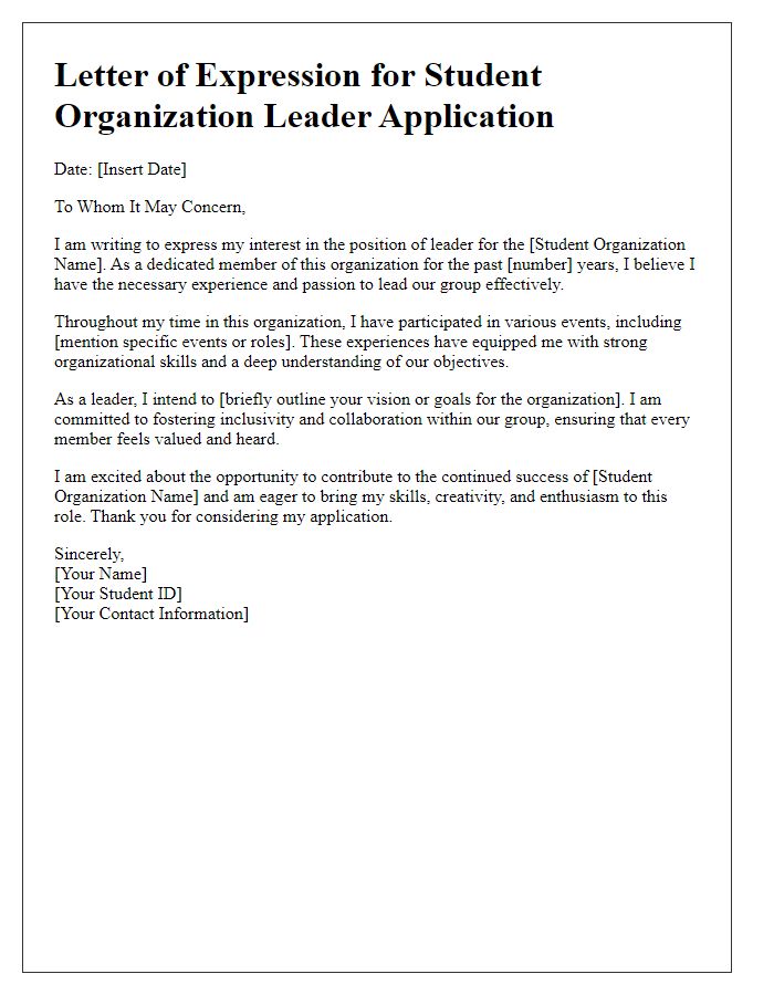 Letter template of expression for student organization leader application