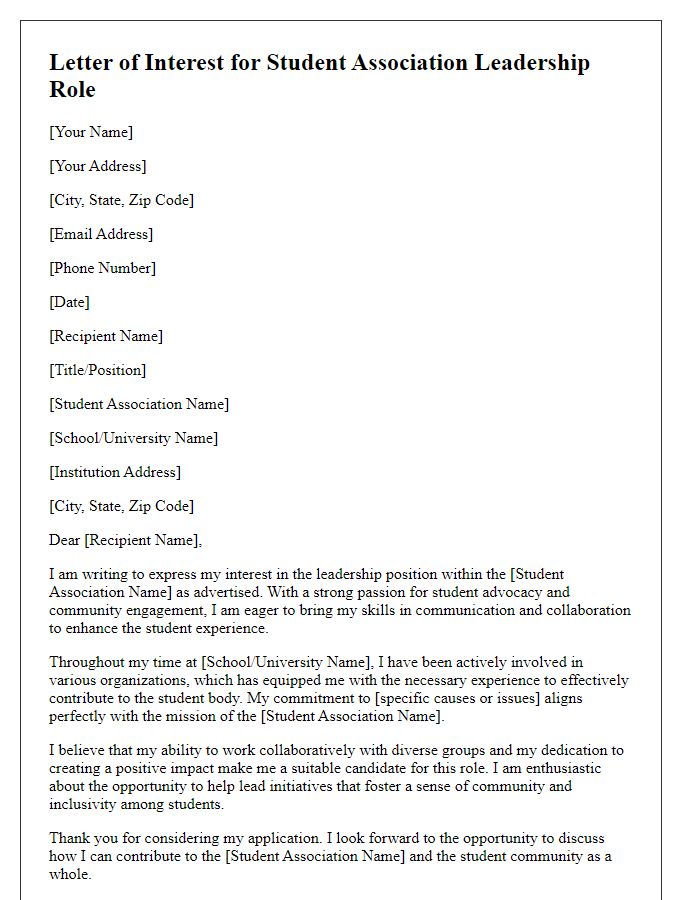 Letter template of interest in student association leadership role