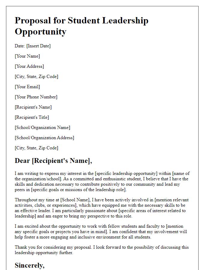 Letter template of proposal for student leadership opportunity