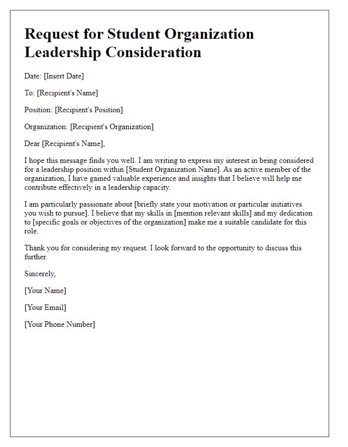 Letter template of request for student organization leadership consideration