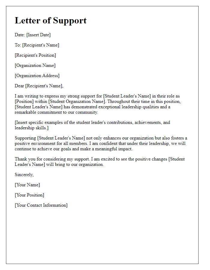 Letter template of support for leadership in student organization