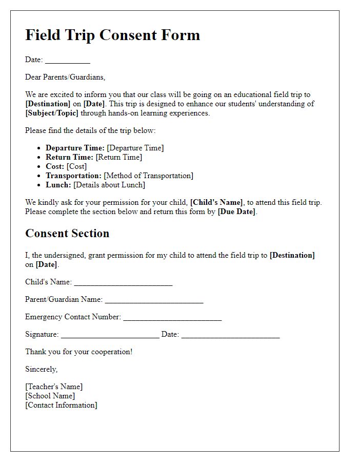 Letter template of academic field trip consent for parents/guardians