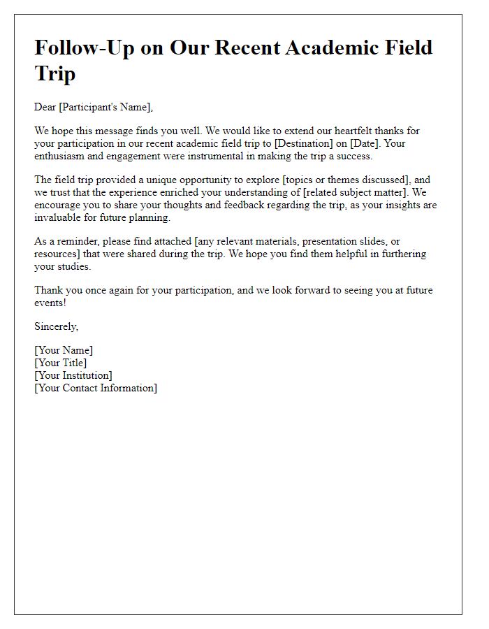 Letter template of academic field trip follow-up for participants