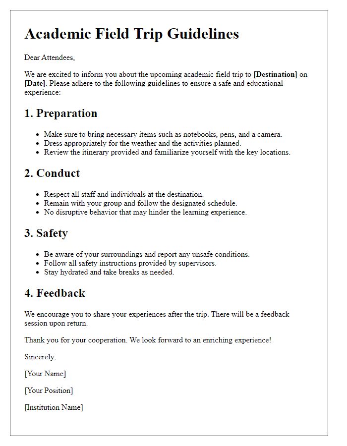 Letter template of academic field trip guidelines for attendees