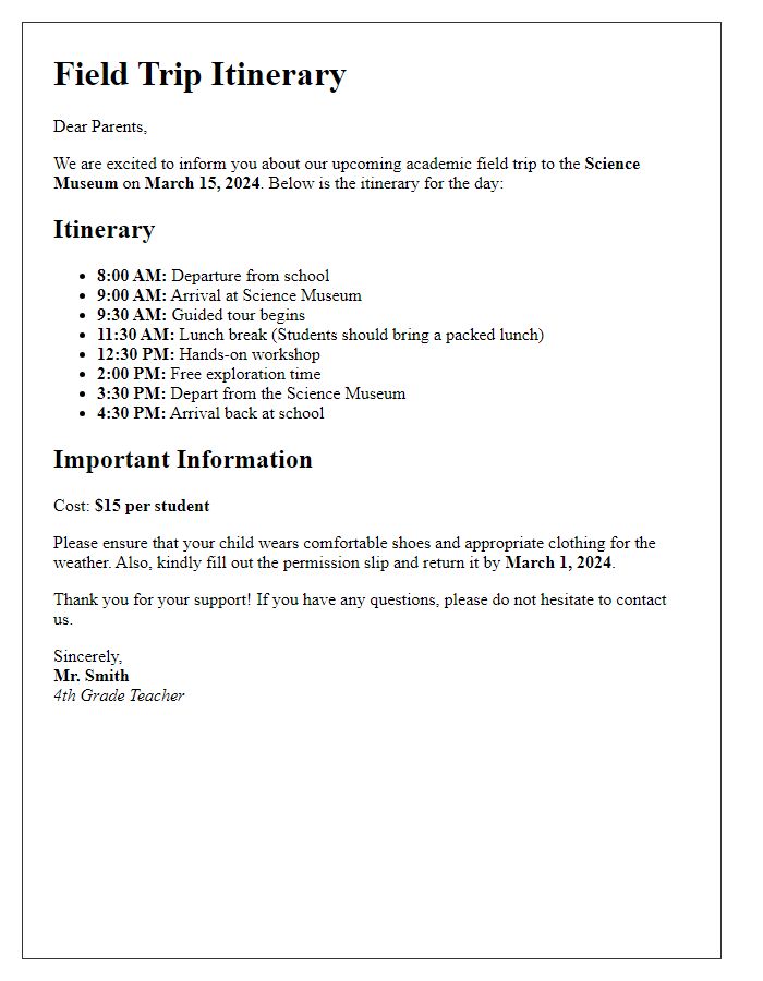 Letter template of academic field trip itinerary for parents