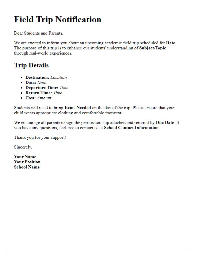 Letter template of academic field trip notification for students