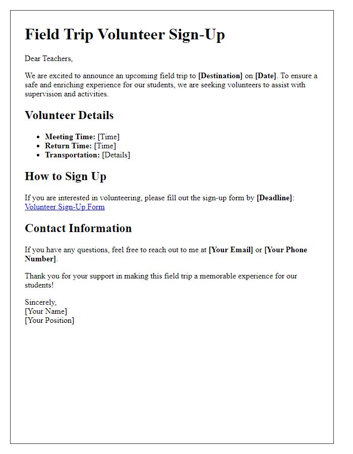 Letter template of academic field trip volunteer sign-up for teachers