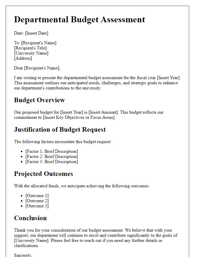 Letter template of departmental budget assessment for university review