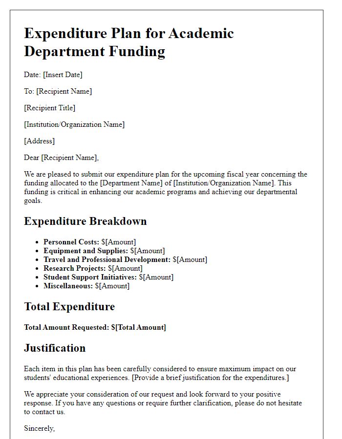 Letter template of expenditure plan for academic department funding