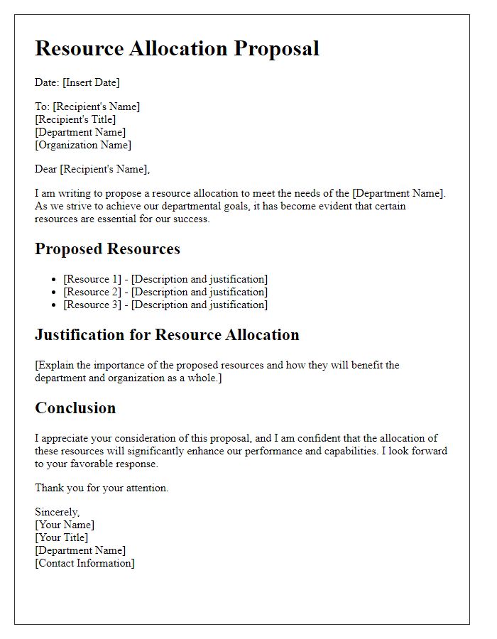 Letter template of resource allocation proposal for departmental needs