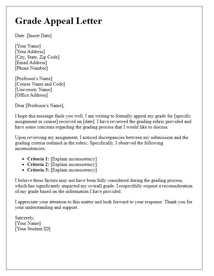 Letter template of student grade appeal addressing grading rubric inconsistencies