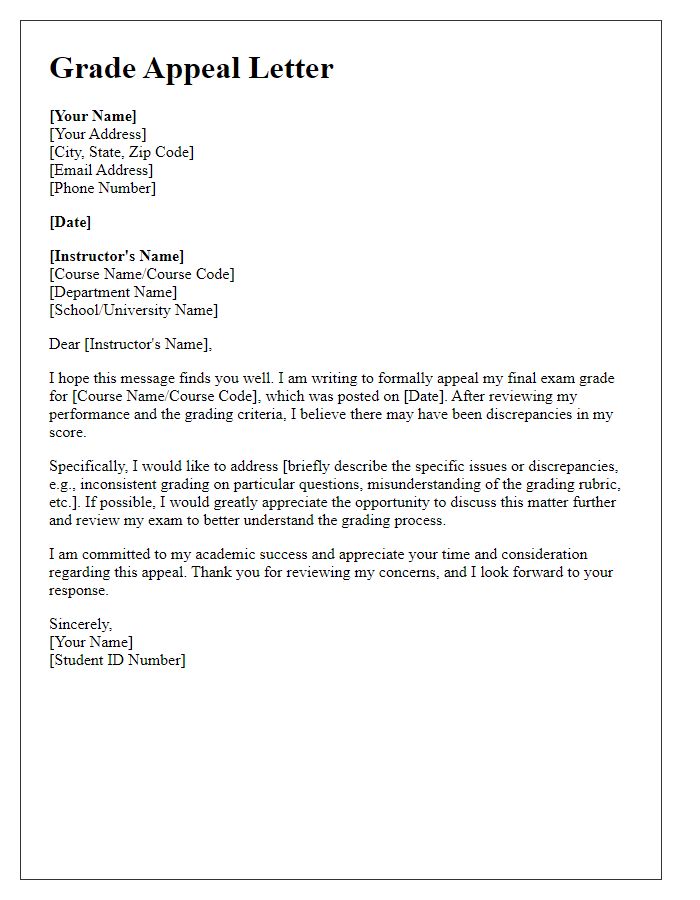 Letter template of student grade appeal for final exam discrepancies