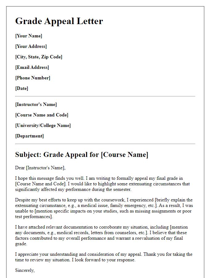 Letter template of student grade appeal focusing on extenuating circumstances