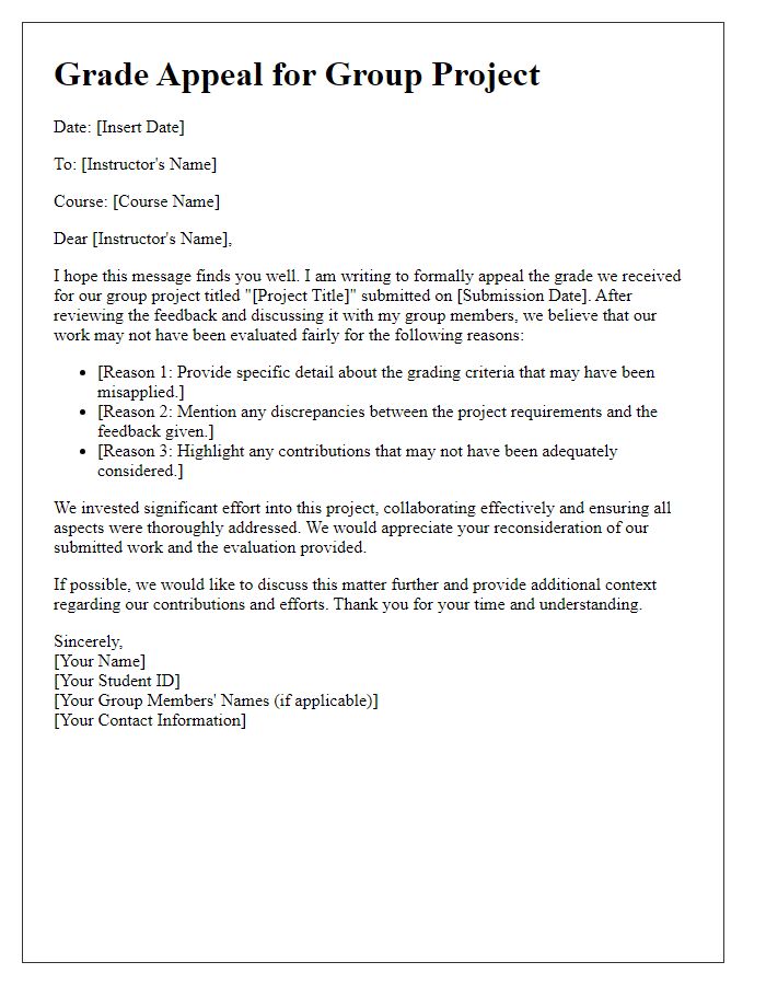 Letter template of student grade appeal for group project assessments