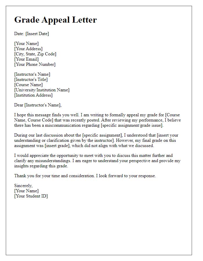 Letter template of student grade appeal highlighting miscommunication with instructor