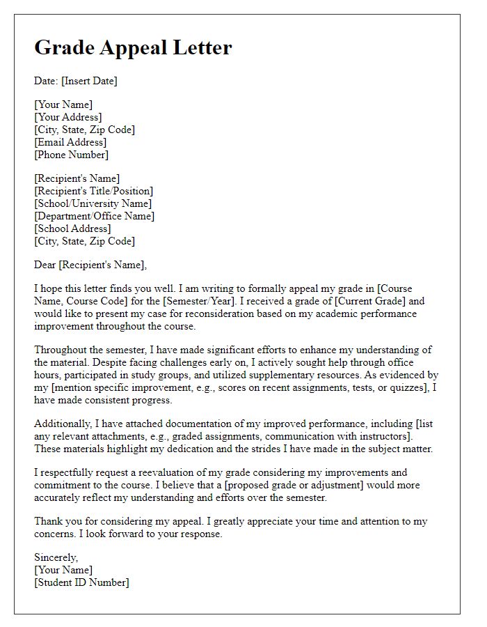 Letter template of student grade appeal referencing academic performance improvement