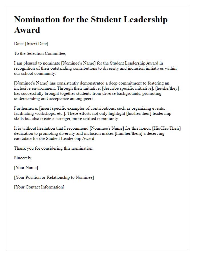 Letter template of student leadership award nomination for diversity and inclusion initiatives.