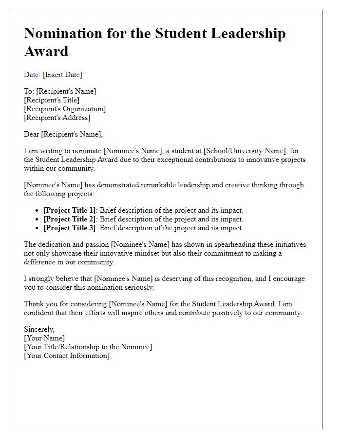 Letter template of student leadership award nomination for innovative projects.