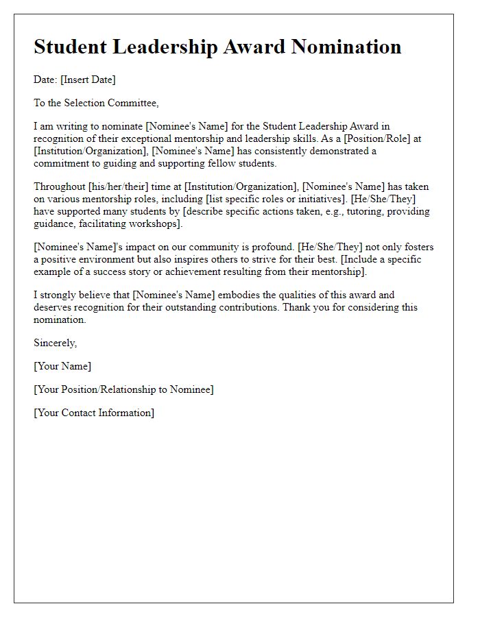 Letter template of student leadership award nomination for mentorship roles.