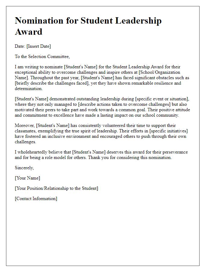 Letter template of student leadership award nomination for overcoming challenges.