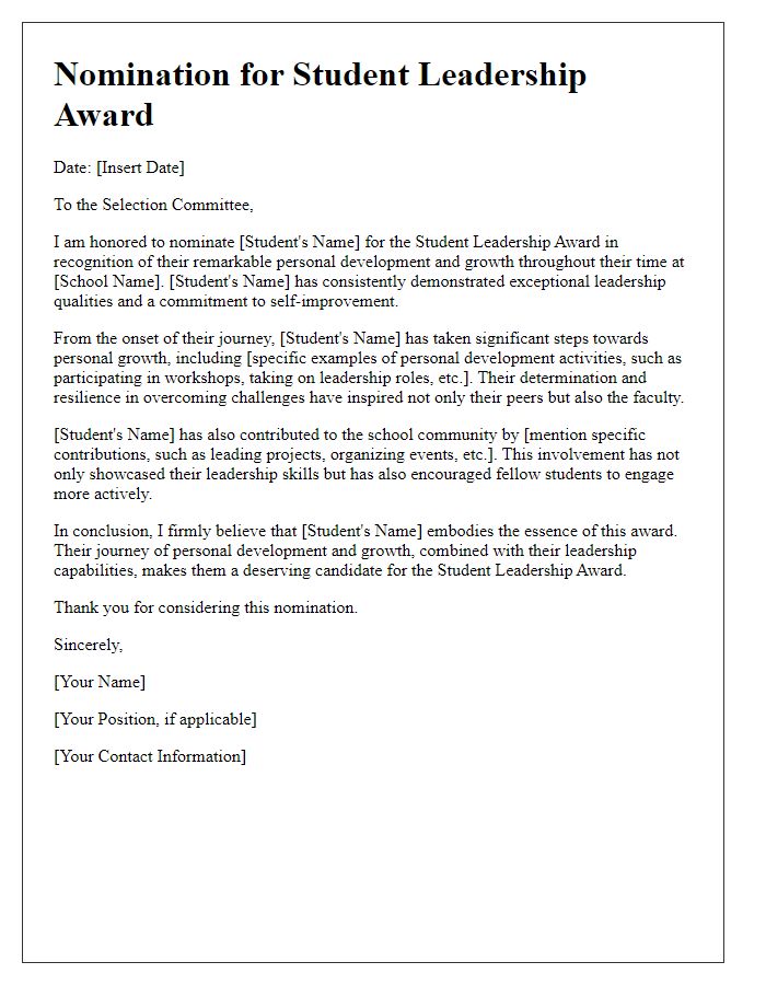 Letter template of student leadership award nomination for personal development and growth.