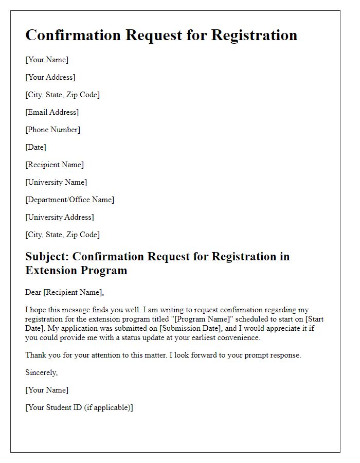 Letter template of confirmation request for university extension program registration