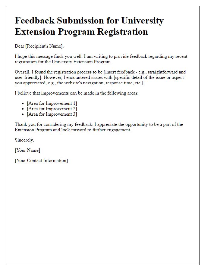 Letter template of feedback submission for university extension program registration