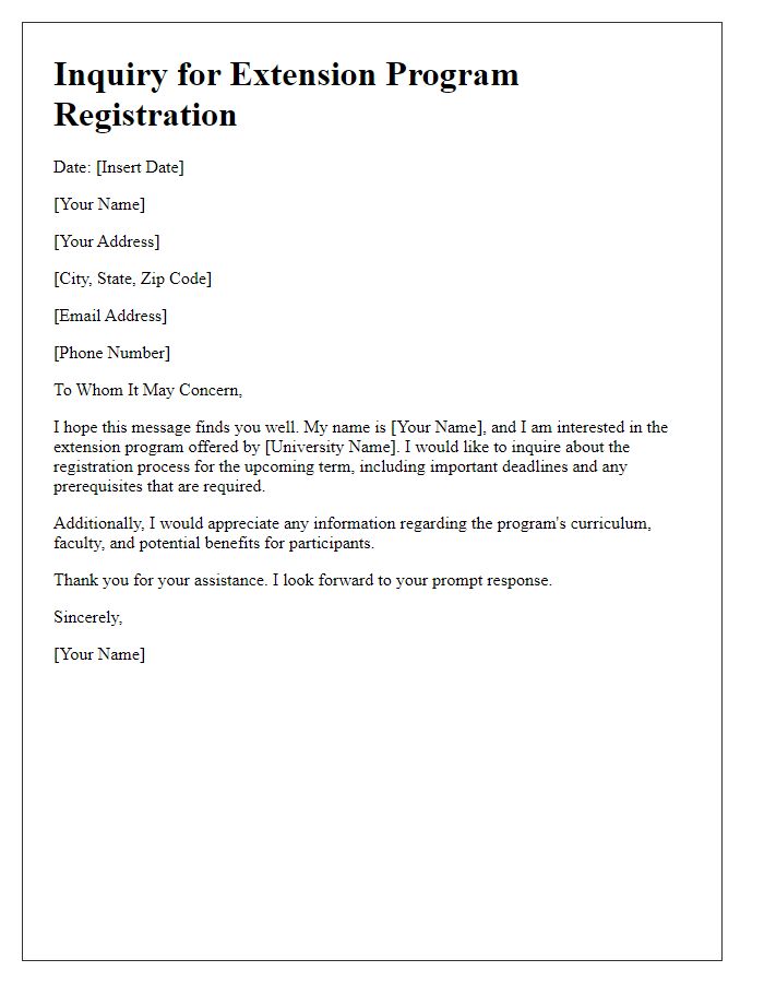 Letter template of inquiry for university extension program registration