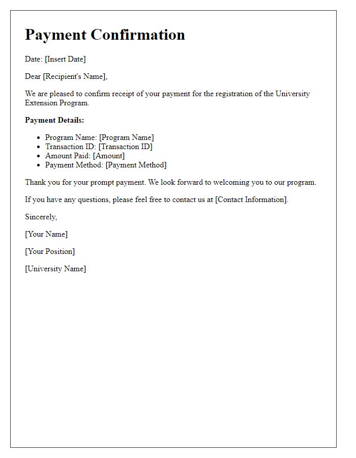 Letter template of payment confirmation for university extension program registration