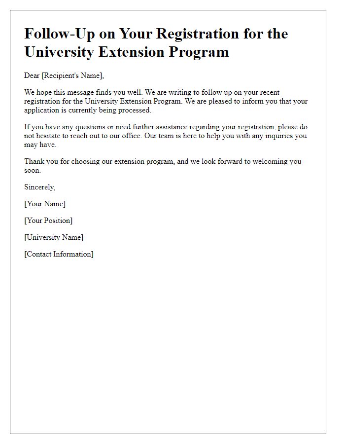 Letter template of registration follow-up for university extension program