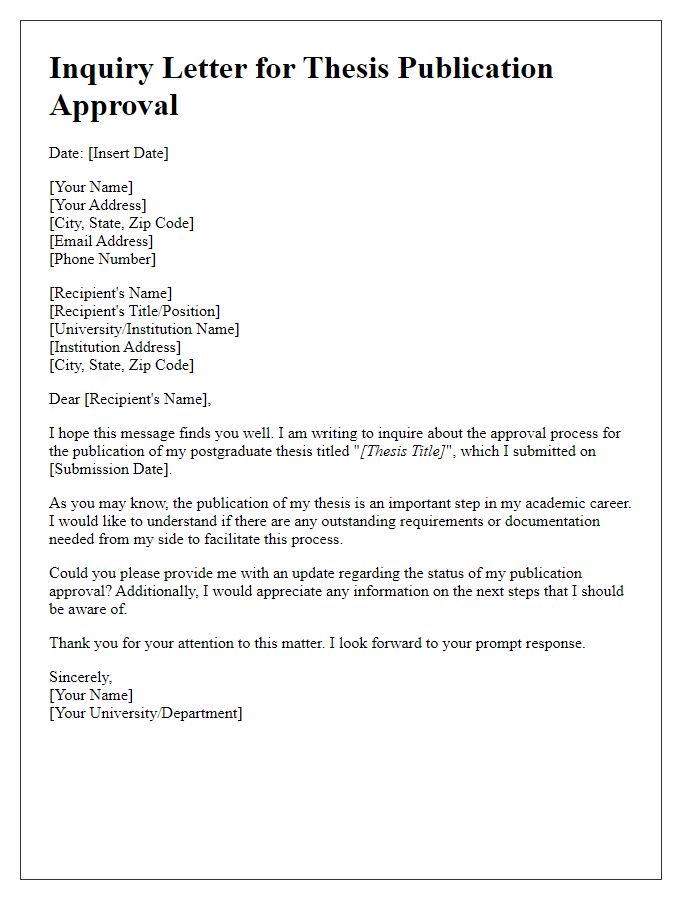 Letter template of inquiry regarding postgraduate thesis publication approval