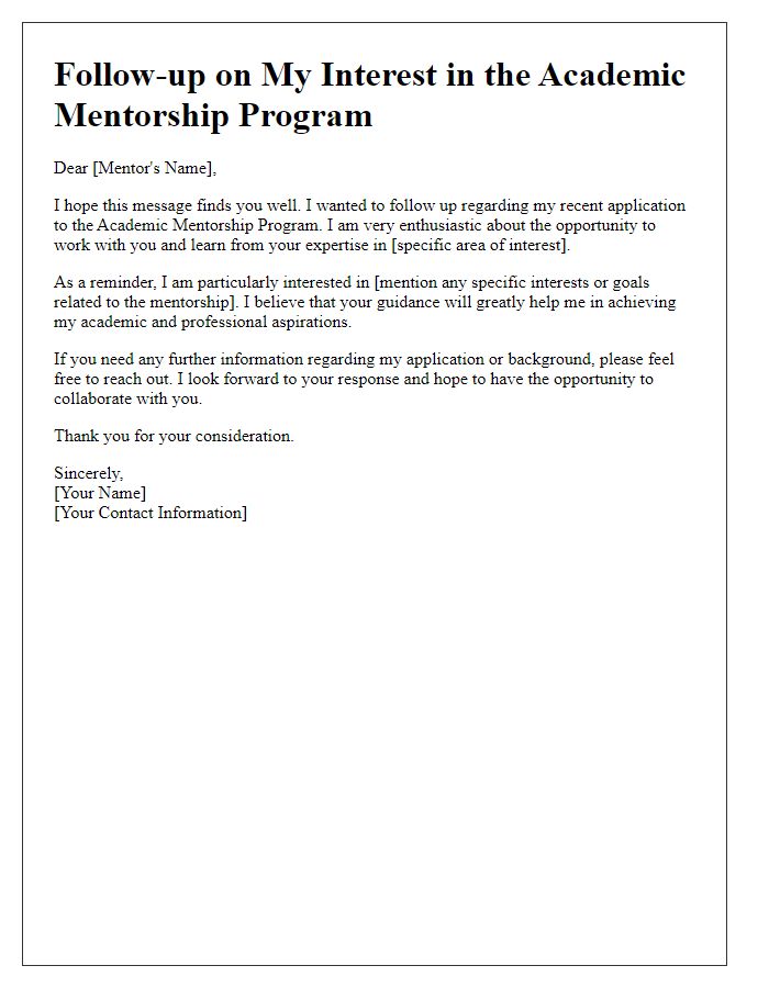 Letter template of follow-up for academic mentorship program interest