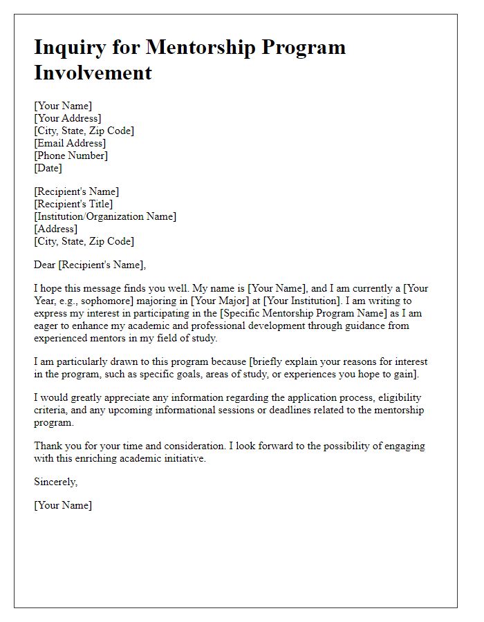 Letter template of inquiry for academic mentorship program involvement