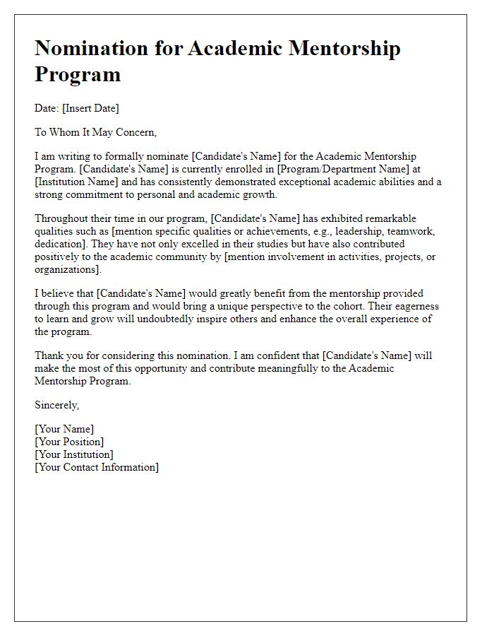 Letter template of nomination for academic mentorship program candidates