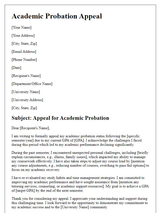 Letter template of academic probation appeal demonstrating course load adjustments