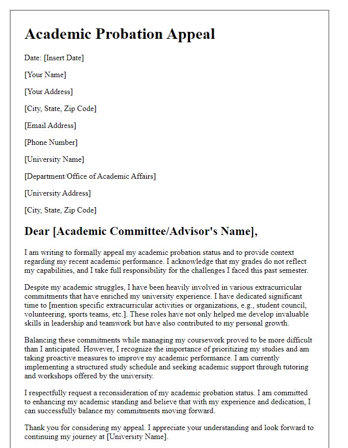 Letter template of academic probation appeal emphasizing extracurricular commitments