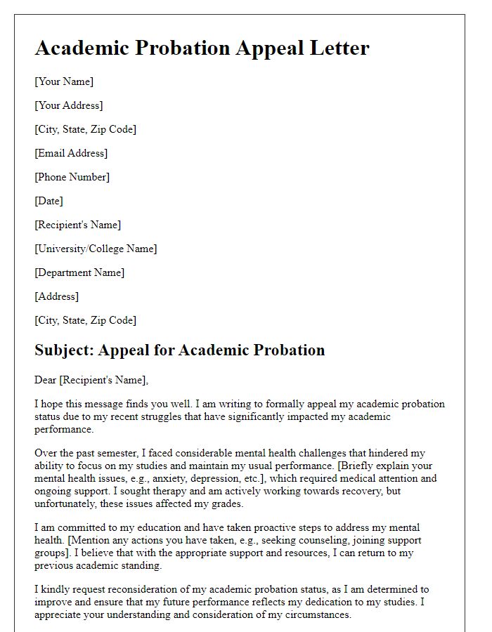 Letter template of academic probation appeal focusing on mental health issues