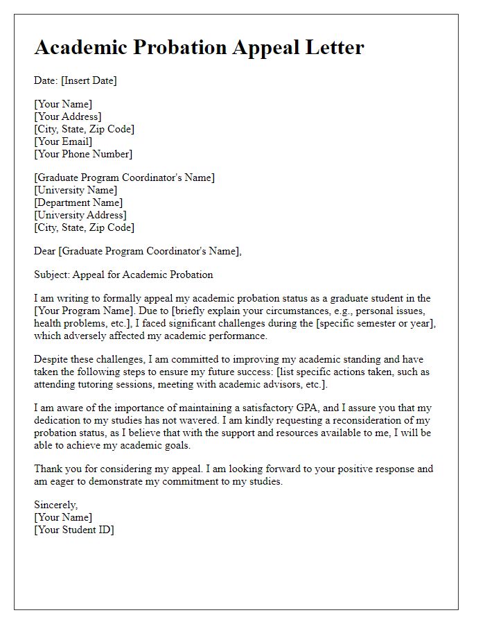 Letter template of academic probation appeal for graduate students