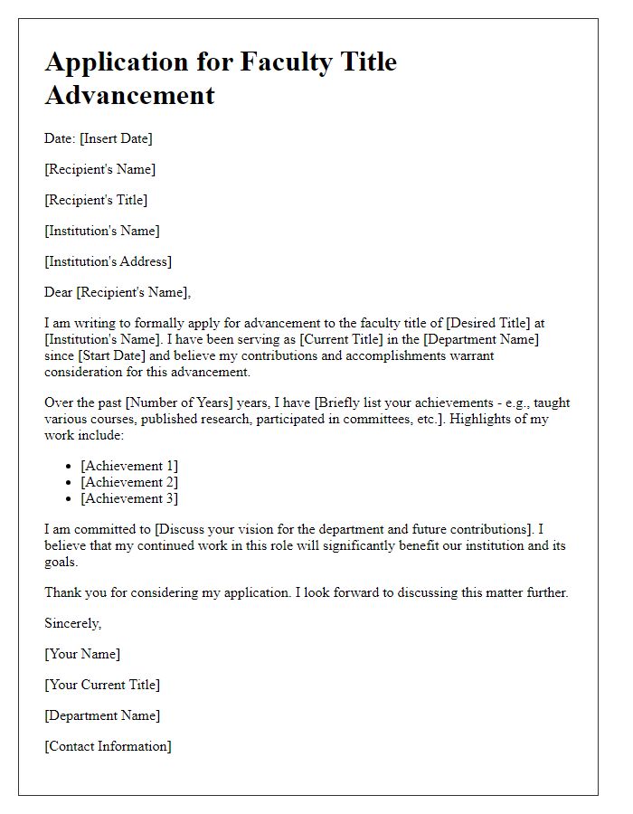 Letter template of application for faculty title advancement