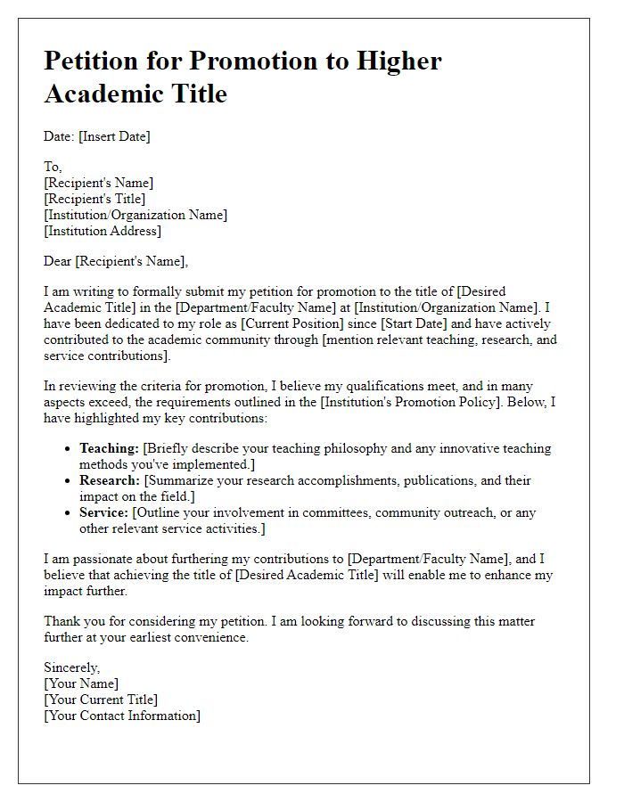 Letter template of petition for promotion to higher academic title