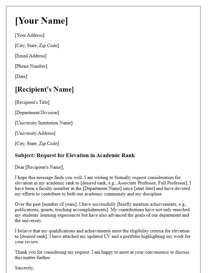 Letter template of request for elevation in academic rank