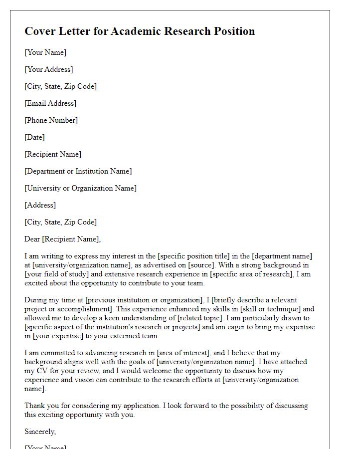 Letter template of academic research position cover letter